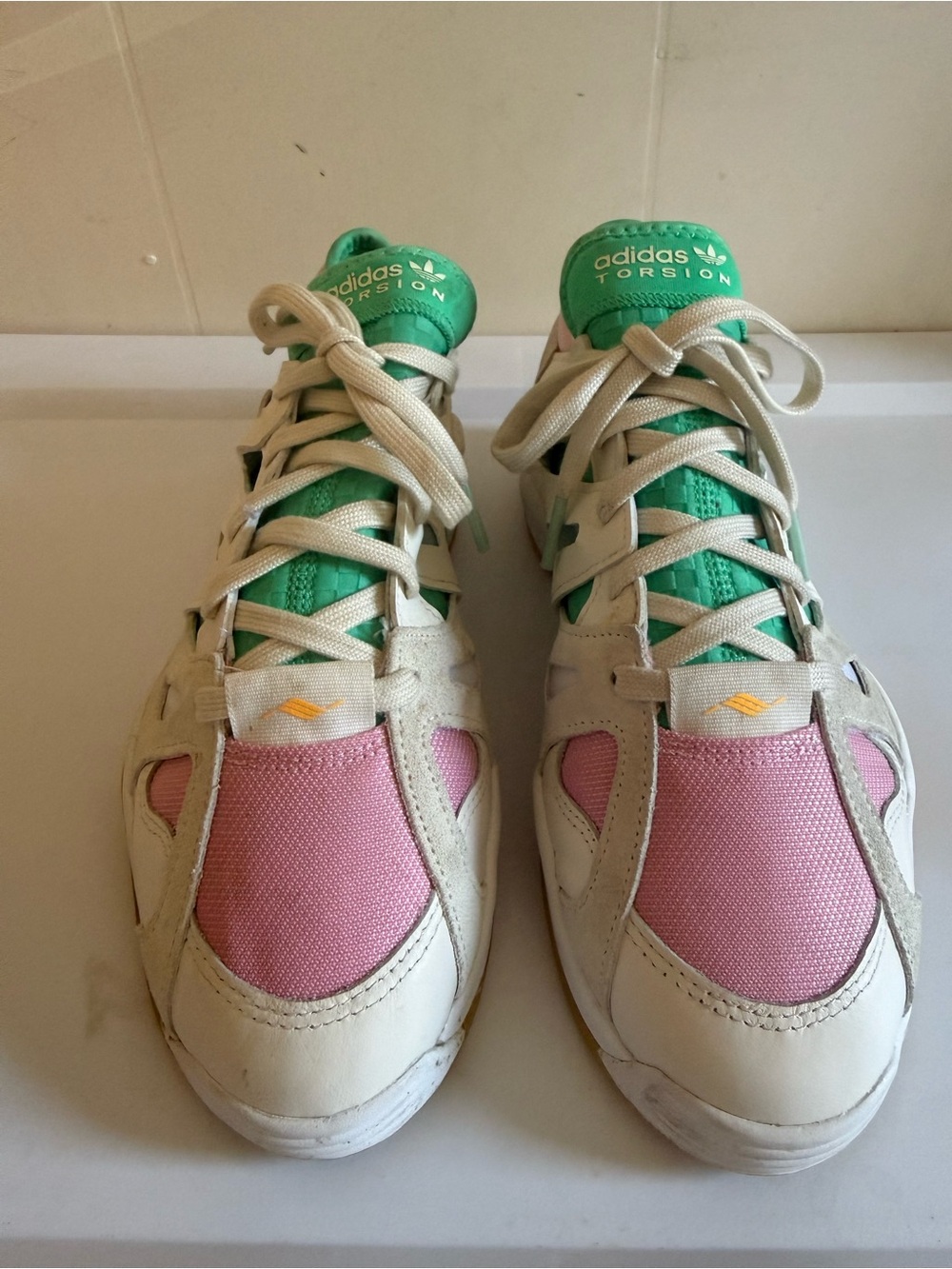 adidas Cream, Pink & Green Torsion Sneakers